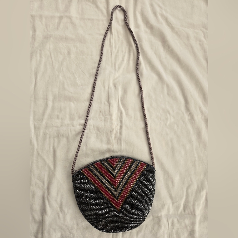 Vintage Unbranded Navy Blue & Red Beaded Bag With Cord Strap And Retro Design